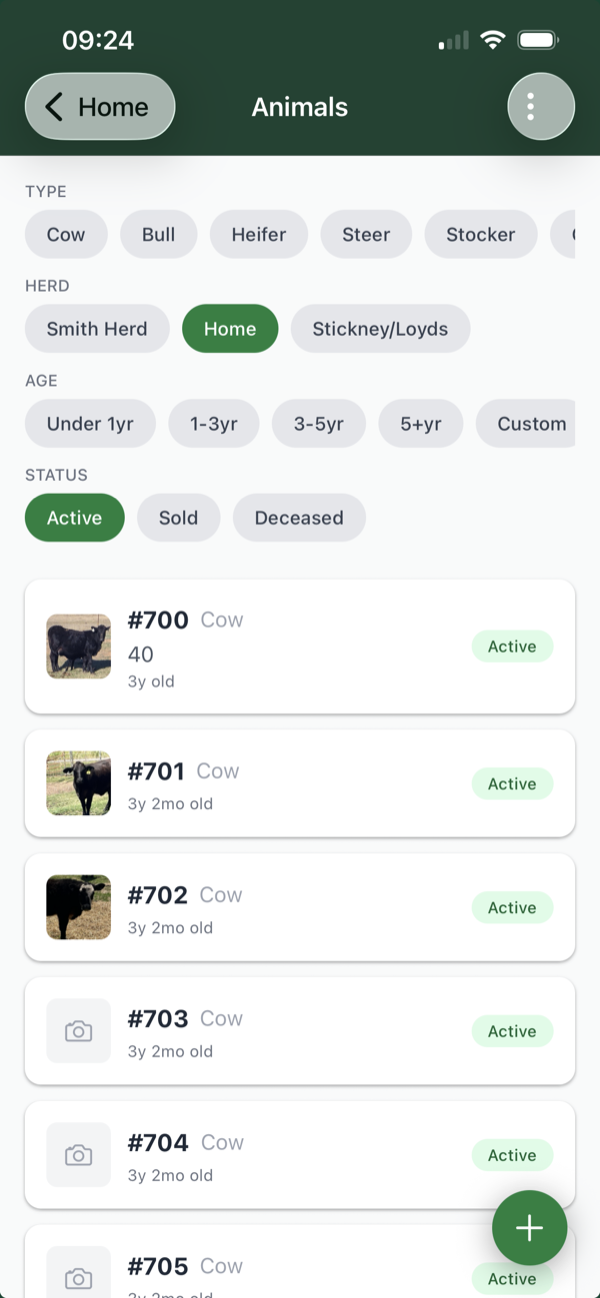 Animal list with photos, ear tags, and filters in Better Ranch Manager